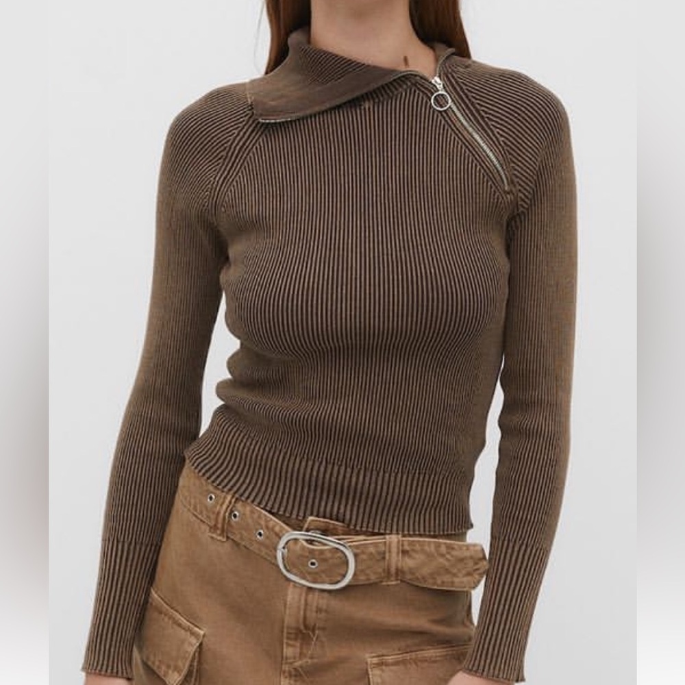 Brown Ribbed Cowl Neck Sweater with Zipper Detail